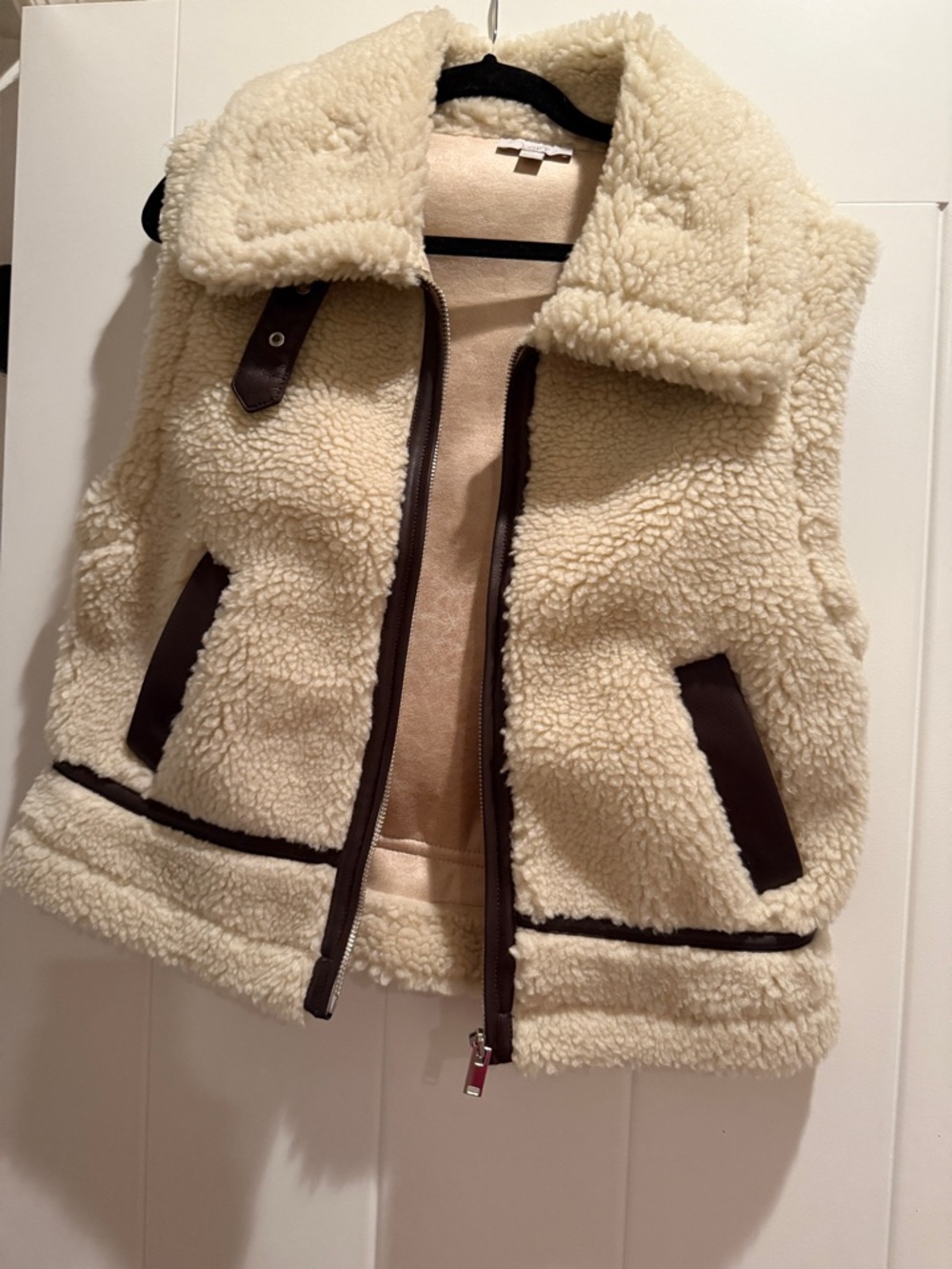 LOFT Cream Sherpa Vest with Brown Trim